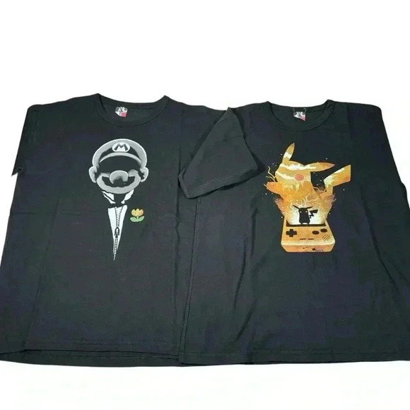 Lot Of 2 Cotton Malhas Pokemon / Mario Classic Crewneck Shirt Black Size M - Picture 1 of 16